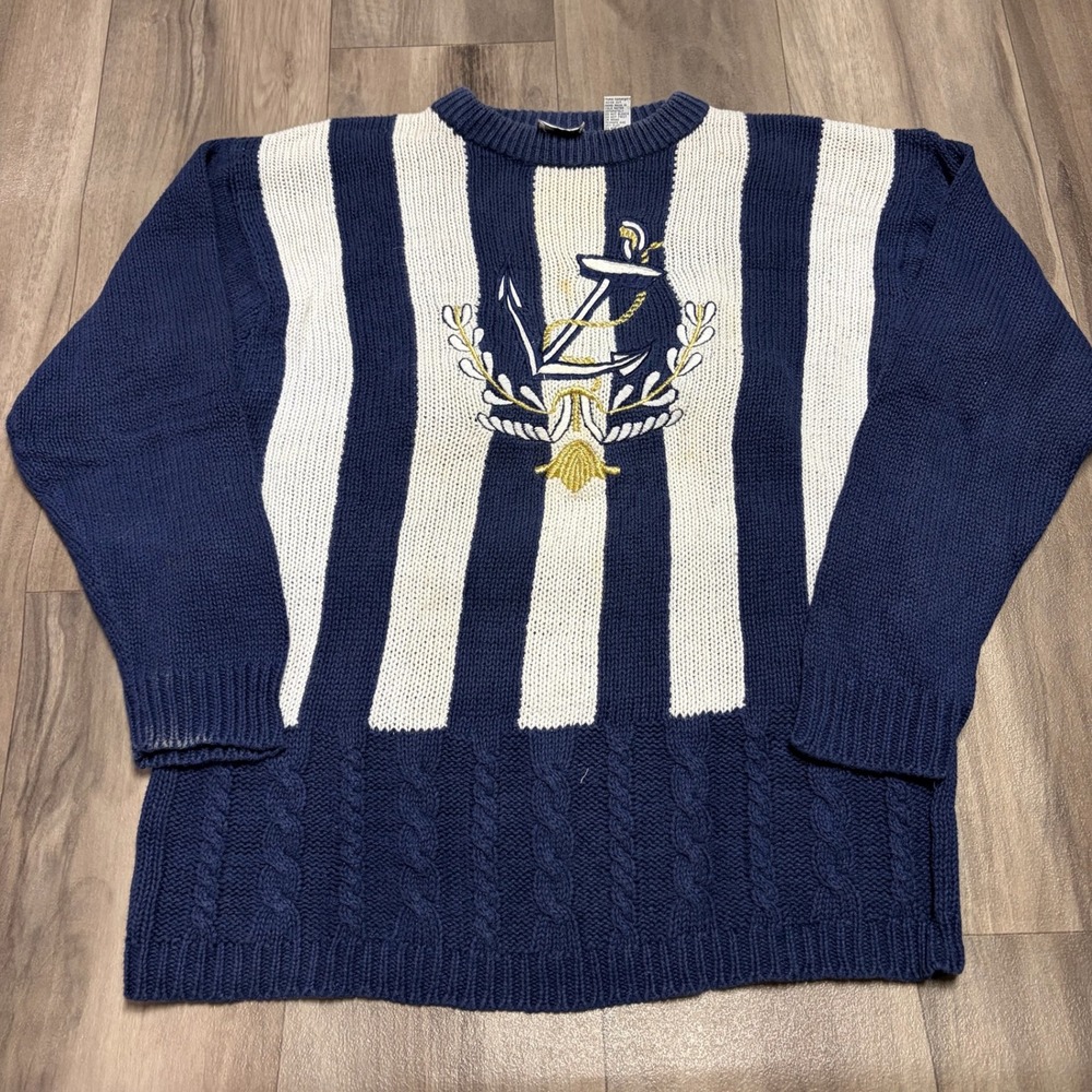 Jason Maxwell Vintage Nautical Anchor Striped Knit Sweater Navy White XL